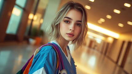 Young caucasian female nurse in hospital hallway with stethoscope and backpack