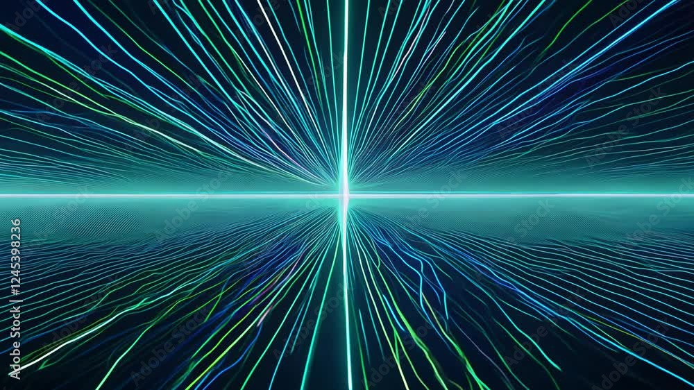 Poster pan with radial perspective of colorful gradient lighting, a field of pulsing neon indigo and emeral