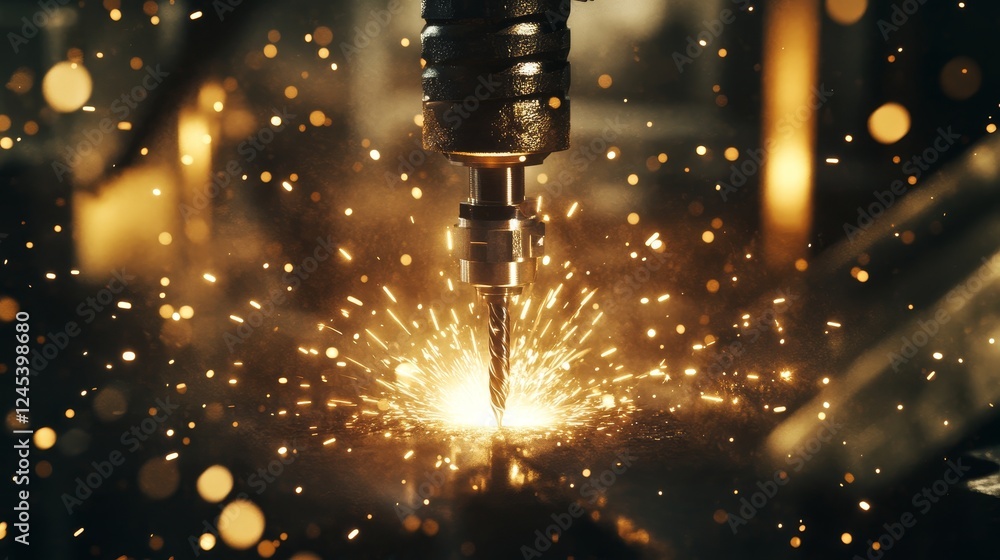 Poster close-up of cnc machine creating sparks during metal cutting process