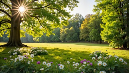 Sunlight shining through trees in a vibrant green field
