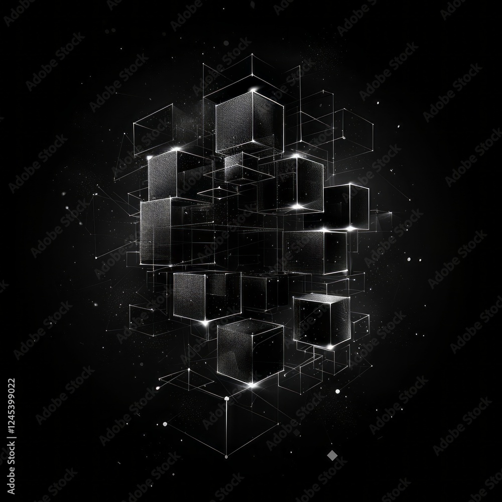 Poster dark matter cubes: a mesmerizing abstract composition of interconnected black cubes, glowing with et