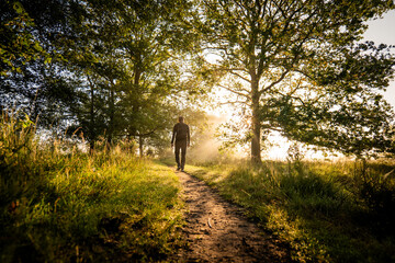 Man walking on dirt path in forest at sunrise