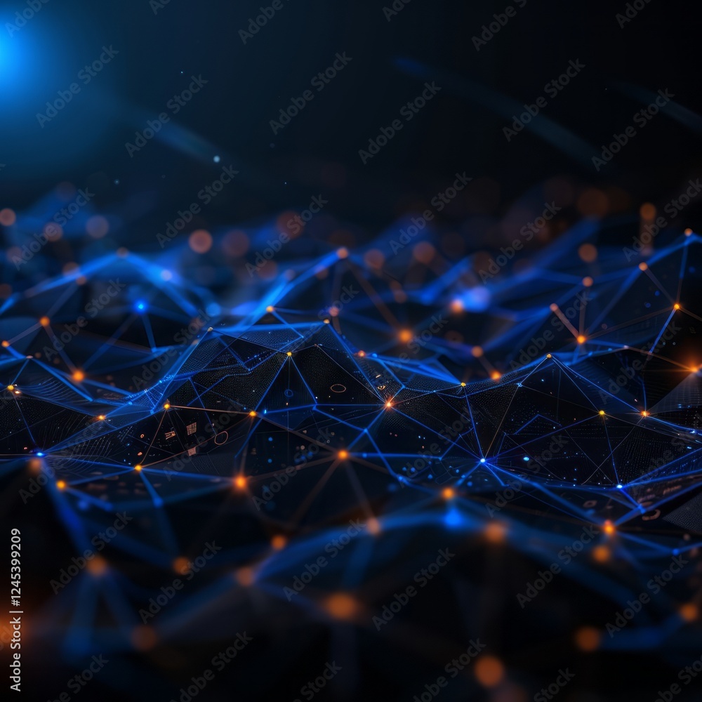 Poster digital landscape: abstract network connection, glowing nodes and lines forming a futuristic digital