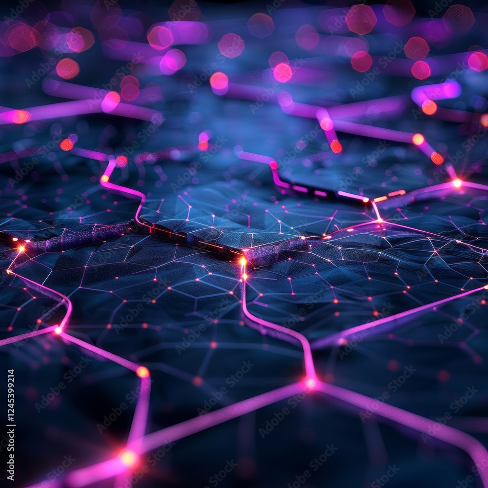 Poster abstract network: glowing pink lines forming a complex hexagonal network on a dark blue, textured ba
