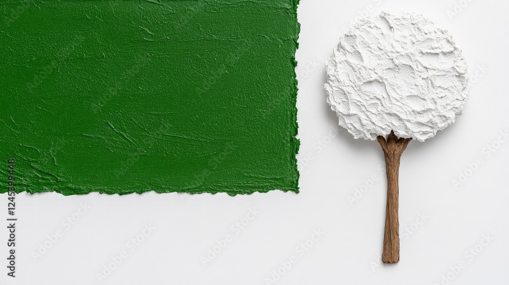 Poster abstract tree and green rectangle: artistic composition featuring a textured, stylized tree with a w