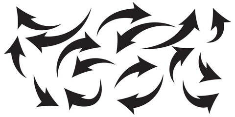 Sharp curved arrow icon set. Black rounded arrow. Direction pointer pointing down	
