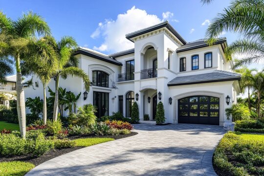 Luxury waterfront home, sunny day, tropical landscaping, real estate