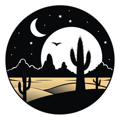 Desert Night Scene: Black and Gold Silhouette Art Print, Cactus Moon Landscape, Western Design, Southwestern Decor
