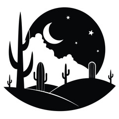 Black and White Desert Night Scene Silhouette: Moon, Stars, Cactus Landscape, Western Art, Graphic Design, Vector Illustration