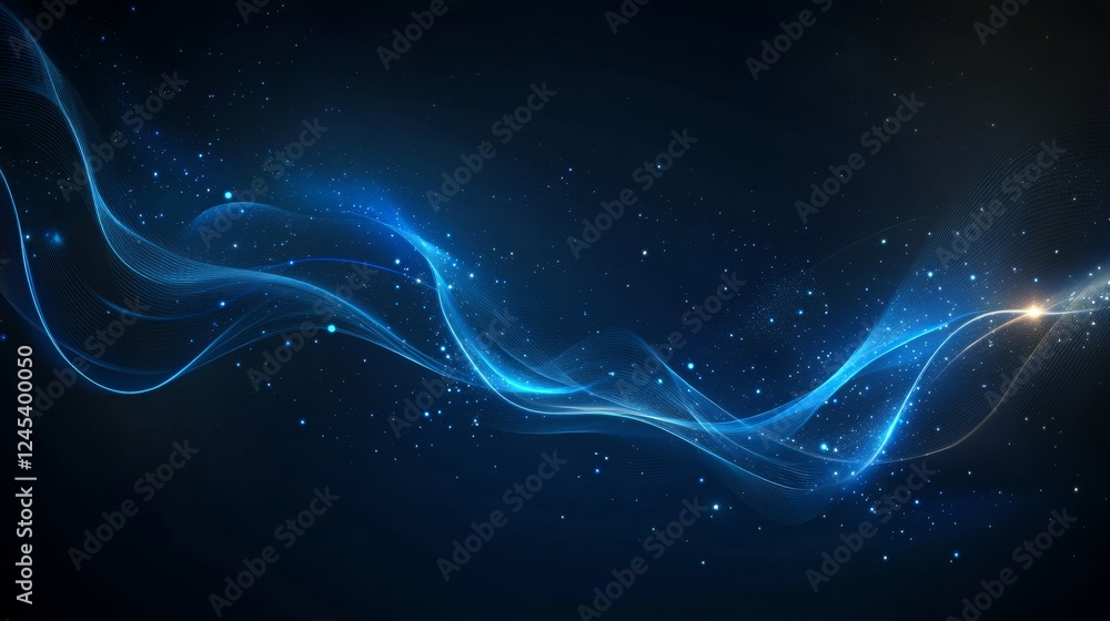 Poster abstract blue wave pattern with sparkling stars on dark background