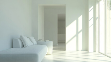 Modern Minimalist White Interior Design: Sunlit Living Room with Stairs, clean modern interior with blank wall, mockup for art or paintings, empty wall mockup, blank wall mockup,