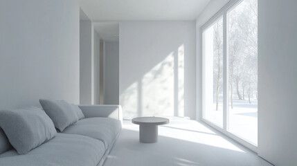 Fototapeta premium Modern Minimalist Living Room Design with White Walls and Wooden Accents, Minimalist Modern Office Lobby with White Walls and Glass Windows