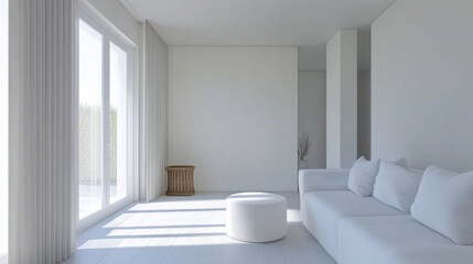 Modern Minimalist Living Room Design with White Walls and Wooden Accents, Minimalist Modern Office Lobby with White Walls and Glass Windows