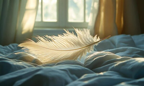 Soft white feather resting on a rumpled bedspread, illuminated by gentle morning light through a window