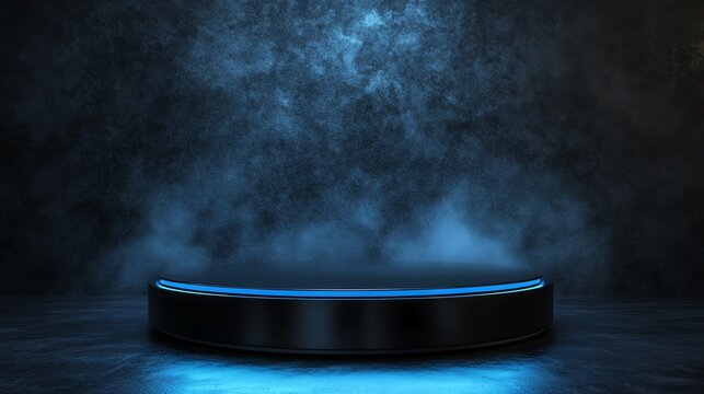 Sleek podium with dramatic blue lighting.