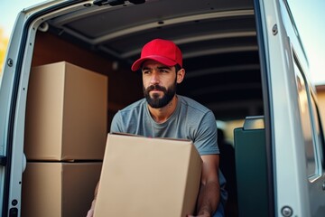 A focused young man wearing a red cap handles cardboard boxes in a delivery van, showcasing determination and hard work in the logistics and moving industry.