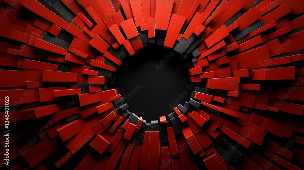 Poster red geometric destruction: a dramatic abstract composition of red geometric shapes bursts outward, c