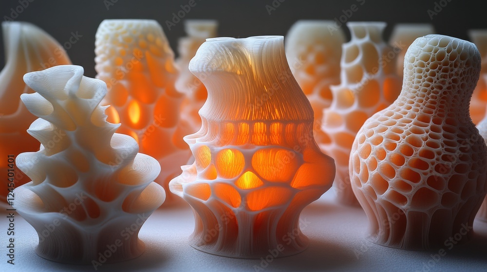 Poster intricate 3d-printed vases illuminated from within, showcasing unique designs and textures
