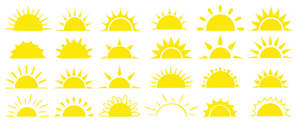 Sun half icon, sunrise ray, morning light, yellow burst, summer symbol. Solar shine set isolated on white background. vector illustration