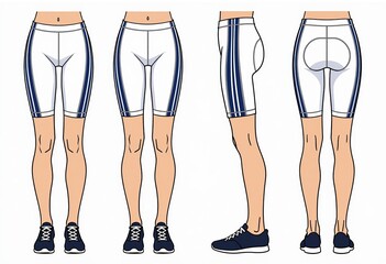 Striped Cycling Shorts CAD Mockup: Technical Fashion Illustration for Men & Women - Unisex Design, High Rise, Front, Side, & Back View Flat Sketch in White & Blue.

