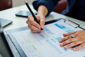 Focused professional analyzing data trends and creating reports with a pen on a clipboard, representing productivity and business insights in a modern workspace.