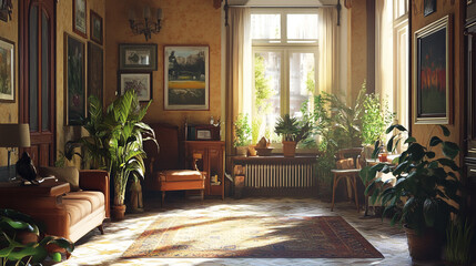 Dining Room With Table and Chairs, Interior of light living room with sofas, houseplants and table.