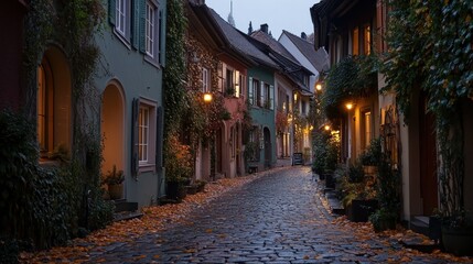 Fototapeta premium Enchanted European Alleyway: A Twilight Stroll Through Cobblestone Streets