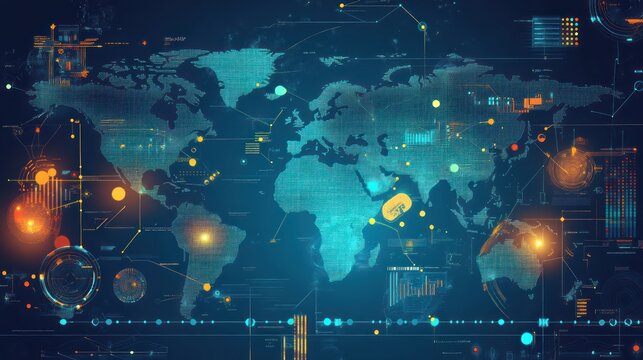 Global Network Visualization: A Futuristic Digital World Map - Powered by Adobe