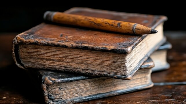 Stacked Books and Pencil: A close-up shot showcases the texture of old stacked books with worn, leather covers and an old pencil, evoking a sense of history, learning, and vintage charm.