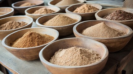 Various ground spices in wooden bowls displayed on rustic table