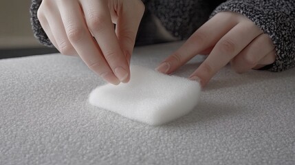 Close-up of rubbing alcohol being rubbed onto a microfiber sofa stain with a sponge.