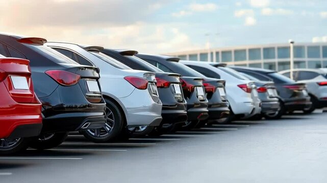 A row of cars are parked in a lot, with the red car being the most prominent. The cars are all different colors and sizes, but they all have one thing in common: they are parked in a lot.