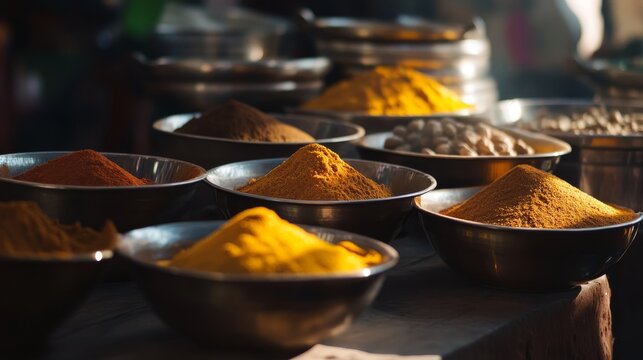 Assorted spices in metal bowls with vibrant colors and varied textures in sunlit market