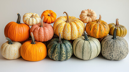 Colorful pumpkins of various sizes and types arranged in a row against a white background.