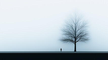 a lone figure standing in the distance, their silhouette obscured by a thick layer of fog. The image evokes feelings of isolation, mystery, and solitude.  A lone tree stands tall in the foreground.