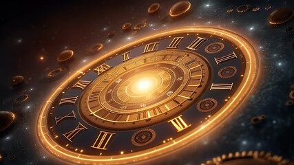 A futuristic cosmic vortex where floating clock gears and Roman numerals spin endlessly, glowing with golden energy, representing time bending in space - Powered by Adobe
