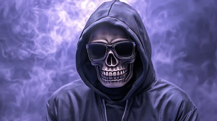 Mysterious Skull In Hoodie And Sunglasses Against Purple Smoke