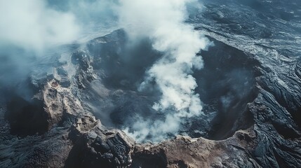 Volcanic landscape, smoke rising from active crater, dramatic swirling clouds adding tension, natural wonder highlighting power of geology.
