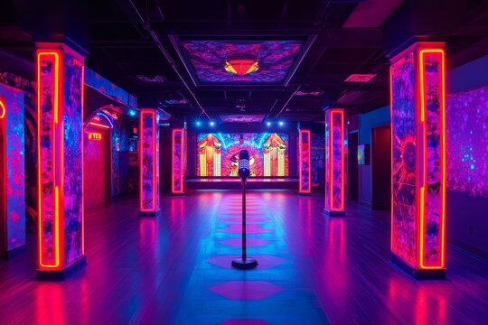 Neon-lit futuristic arcade with vibrant purple and blue led lighting