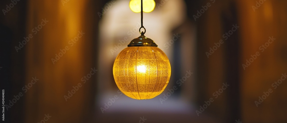 Poster ramadan concepts. hanging light fixture illuminating a dark passageway.