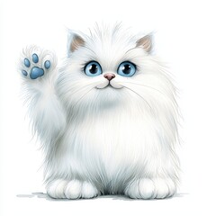 Adorable Fluffy White Kitten With Blue Eyes Waves Hello
