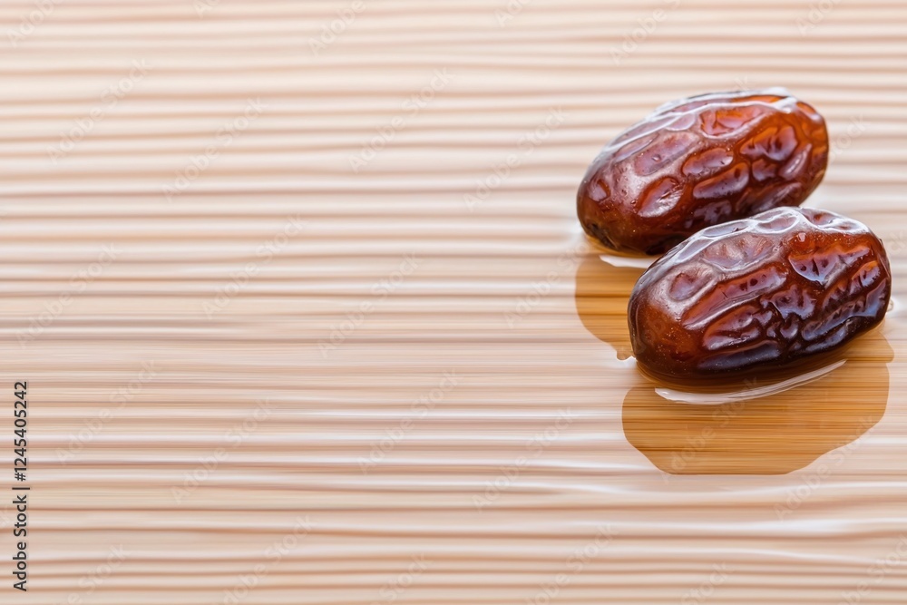 Poster ramadan concepts. two dates resting on a smooth surface with subtle reflections.