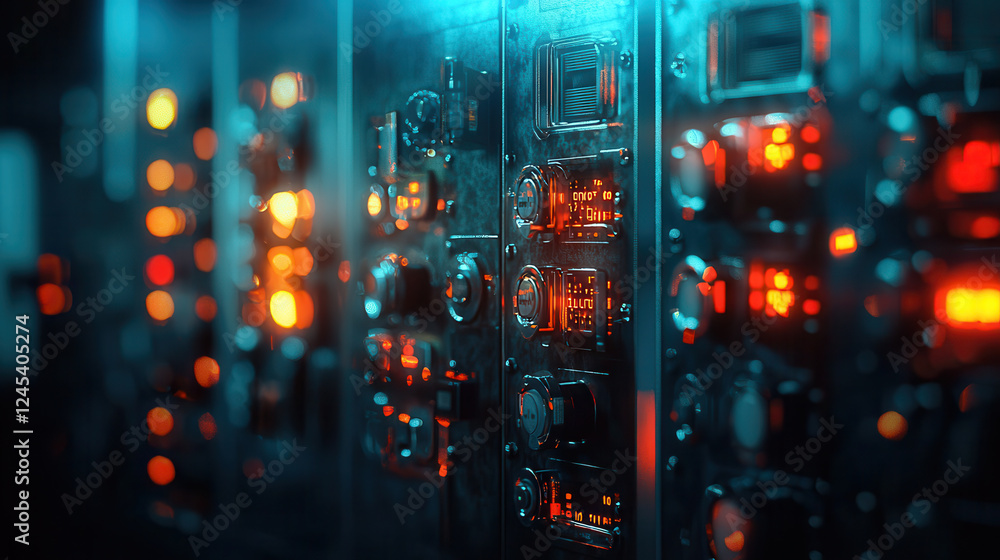 Poster detailed view of electrical control panel with glowing buttons and switches, showcasing intricate de
