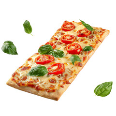 Long rectangular pizza with cherry tomatoes, melted cheese, and fresh basil leaves, floating with isolated background