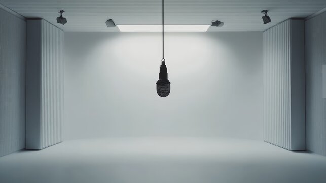 Minimalist recording studio with hanging microphone in modern design