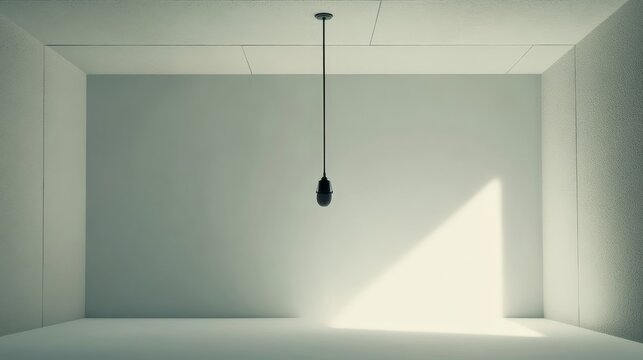 Minimalist room with hanging microphone and dramatic lighting