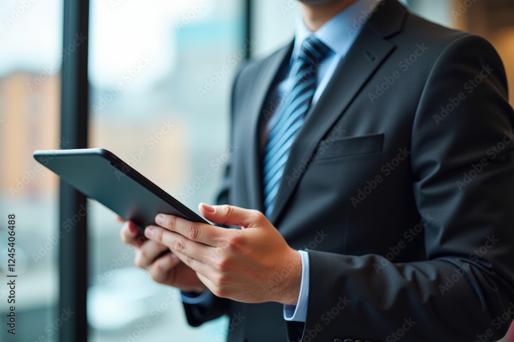 Aufkleber professional businessman in formal attire using a tablet computer to engage in work activities in a 