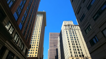 Fototapeta premium Tall urban buildings against clear blue sky in downtown cityscape