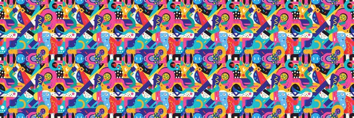 Obraz premium Seamless pattern with geometric shapes in the style. Multicolored vintage background with triangles, circles and squares for textile, fabric and Sudanese fabric art