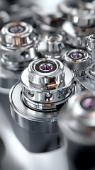 Close up of metallic robotic system with intricate components and details. shiny surfaces reflect light, showcasing advanced technology and